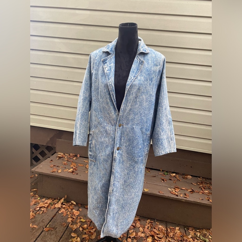 VINTAGE denim trench coat 80s western long jean jacket Acid wash men’s S rancher